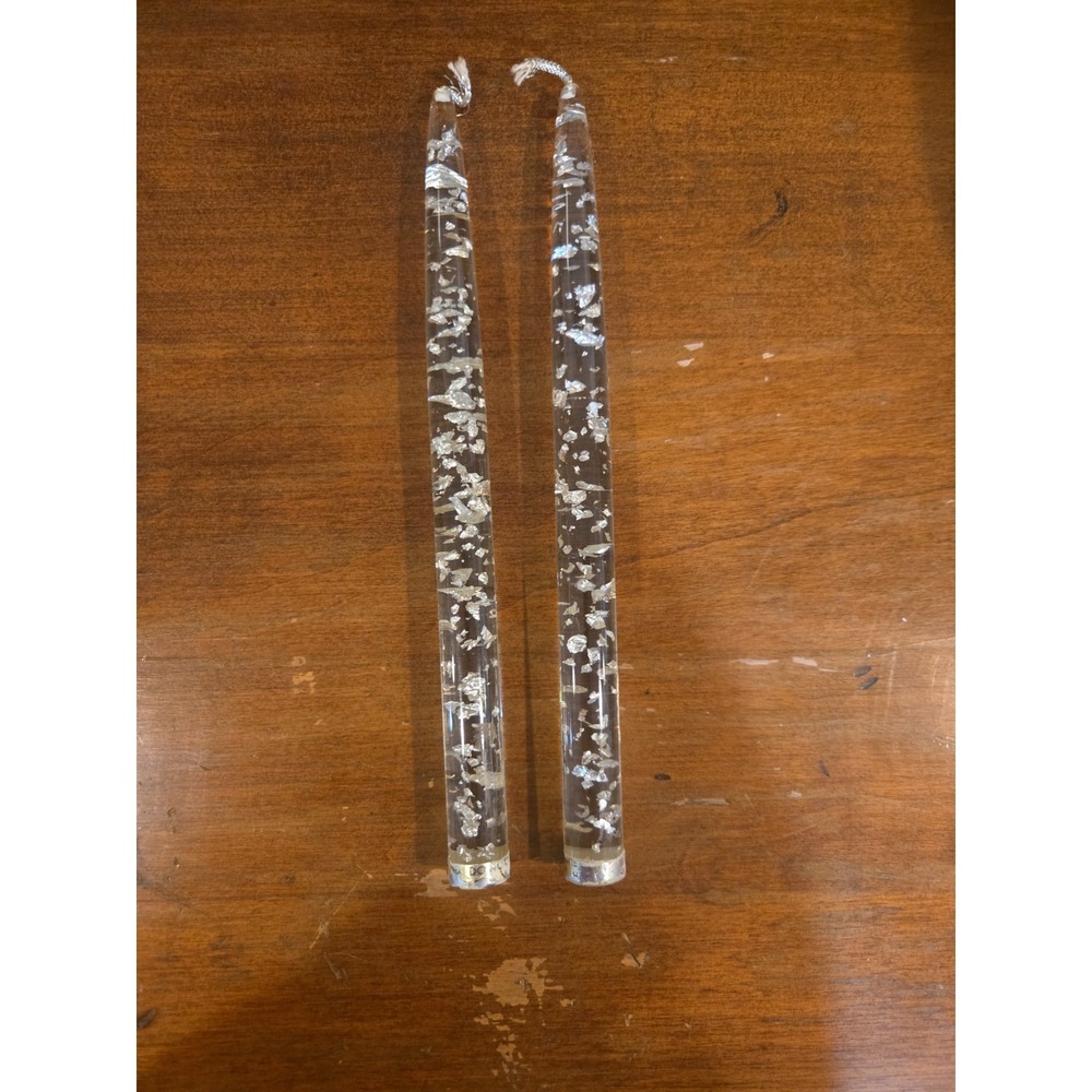 Vintage Lucite Acrylic Clear Taper Pair Candles Silver Flake 10" MCM Box Incl. - Picture 4 of 12